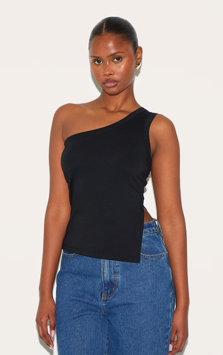 Black One Shoulder Long Vest Top