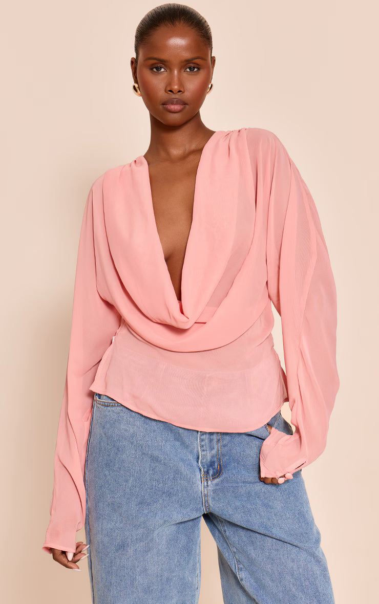 Peach Chiffon Cowl Neck Long Sleeve Blouse