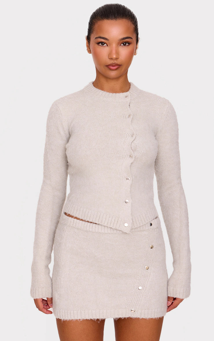 Grey Soft Knit Asymmetric Popper Detail Mini Skirt