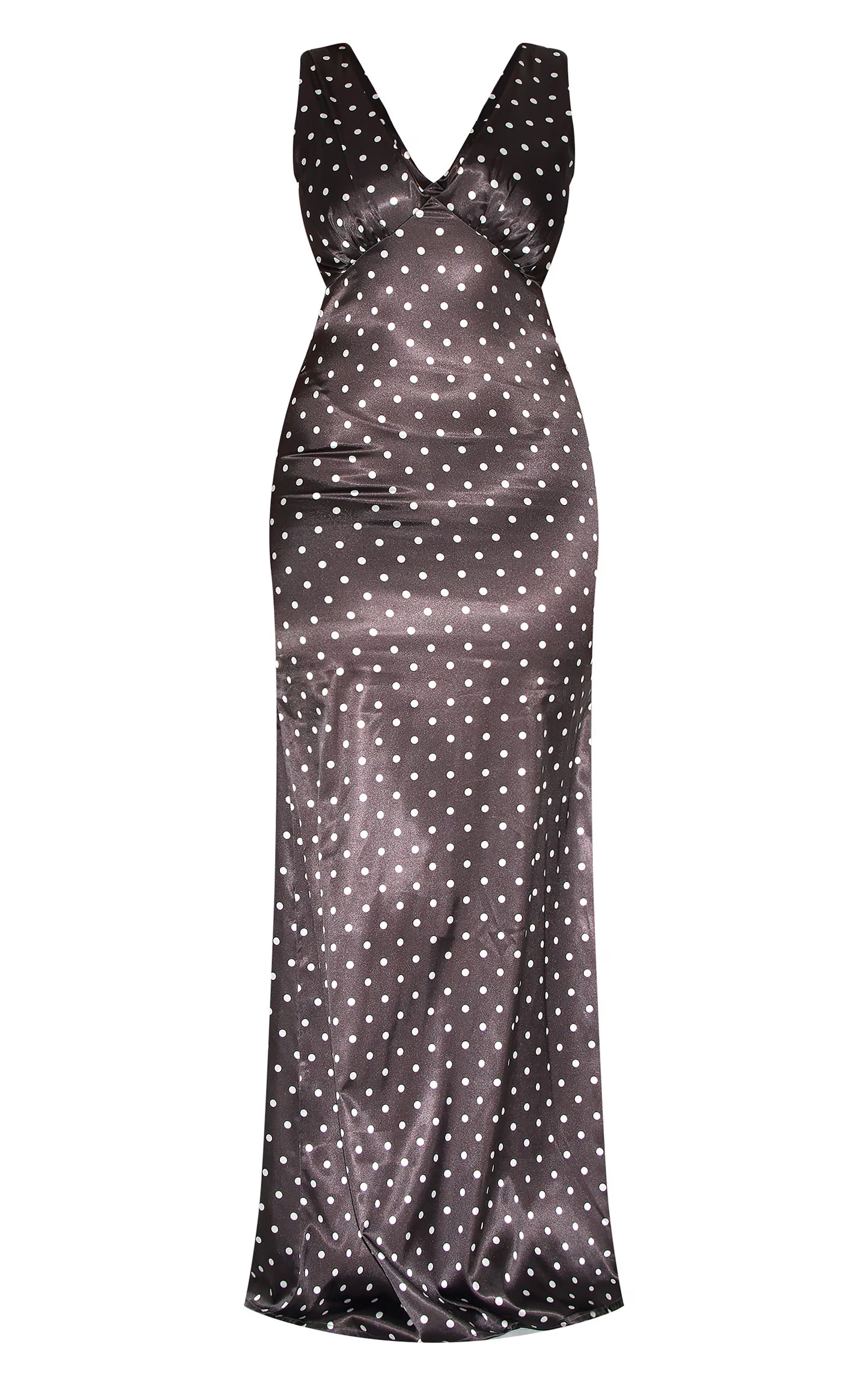 Shape Chocolate Satin Polka Dot Plunge Front Maxi Dress