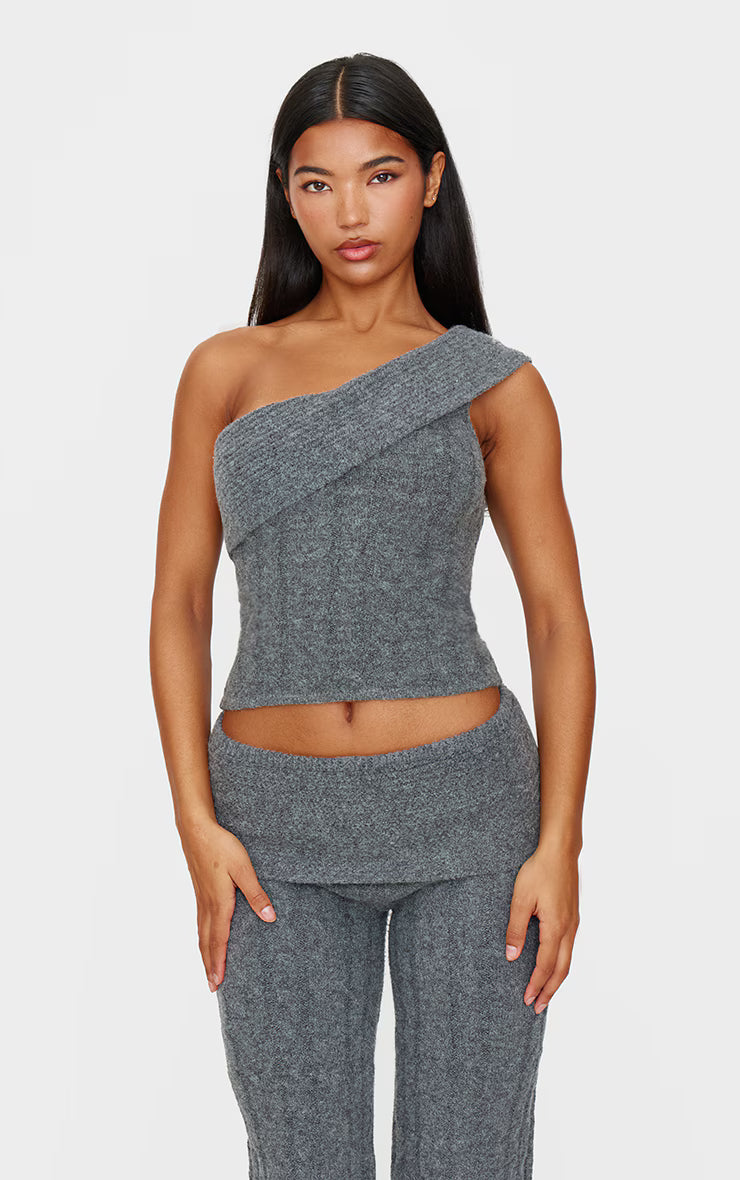 Charcoal Marl Textured Knit Foldover Wide Leg Pants