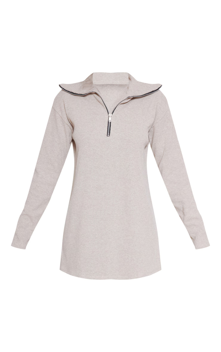 Sand Rib High Neck Half Zip Oversized Sweater Dress