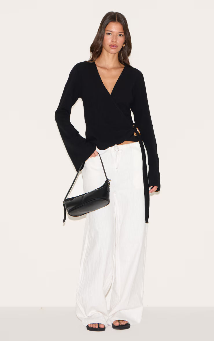 Black Linen Look Wrap Trim Tie Top
