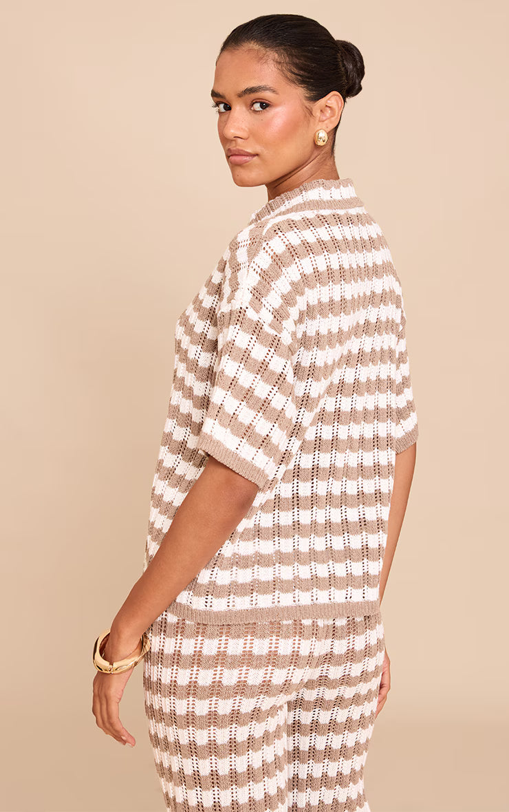 Mocha Crochet Stripe Rugby Knit Top