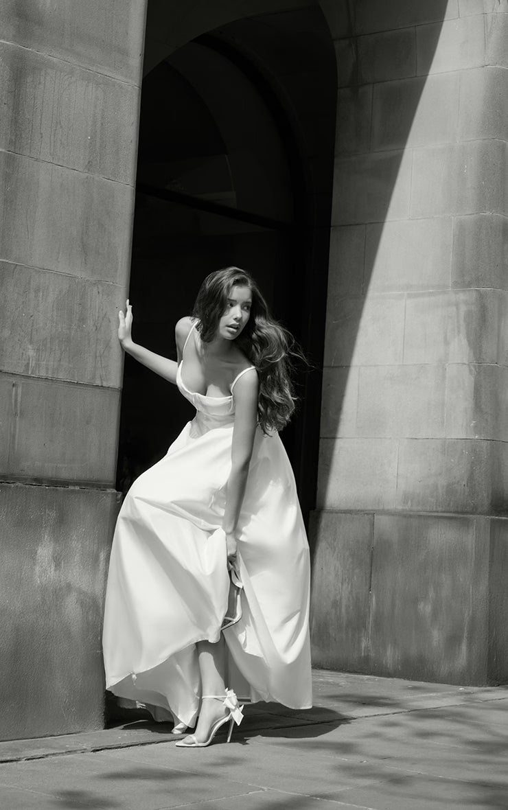 Premium White Satin Corset Skater Maxi Dress