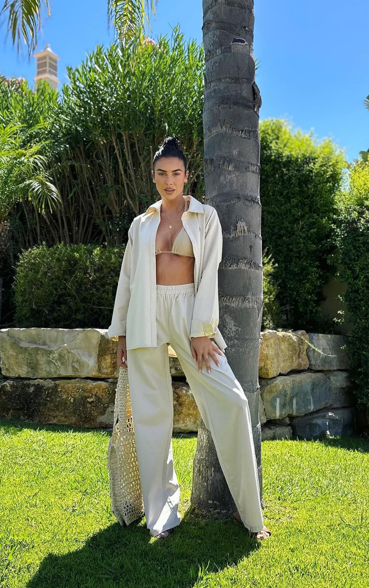 Stone Linen Look Oversized Wide Leg Pants