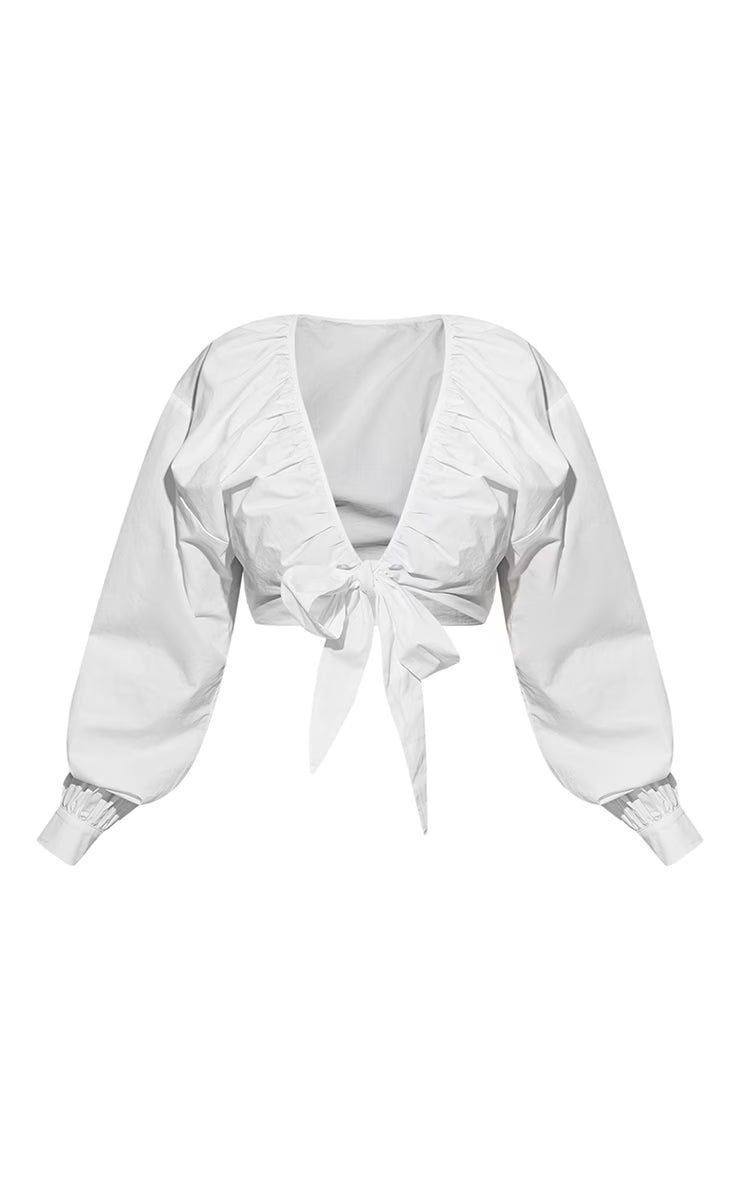 Plus White Tie Front Ruched Blouse