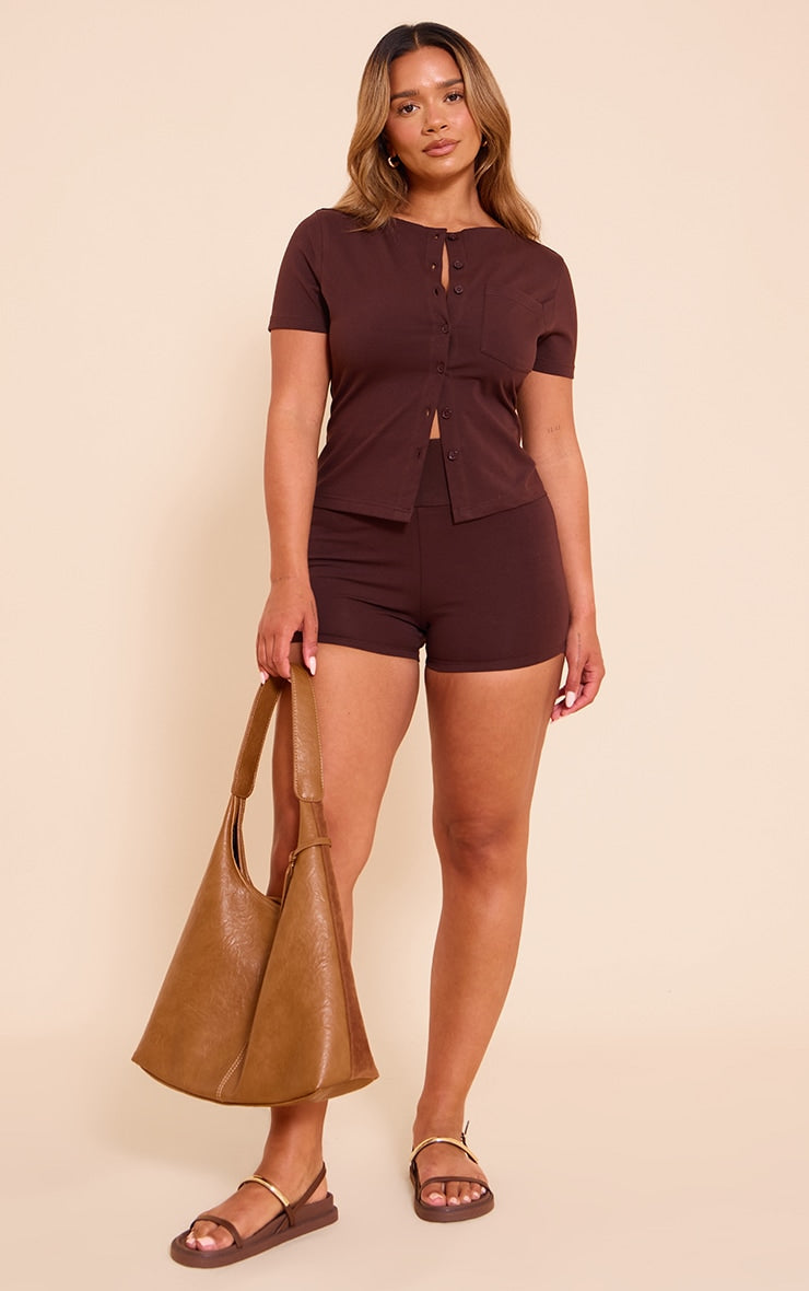 Shape Chocolate Boat Neck Button Front Pocket Detail T-shirt