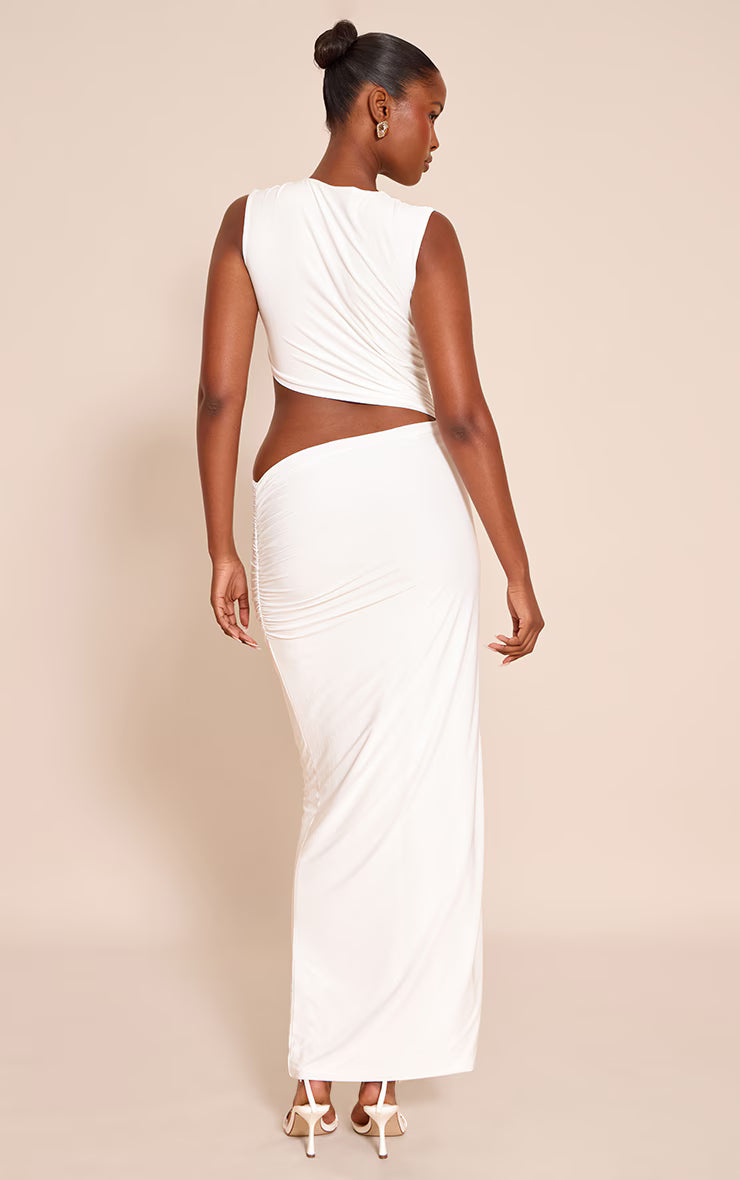 White Double Layer Slinky Cut Out Maxi Dress