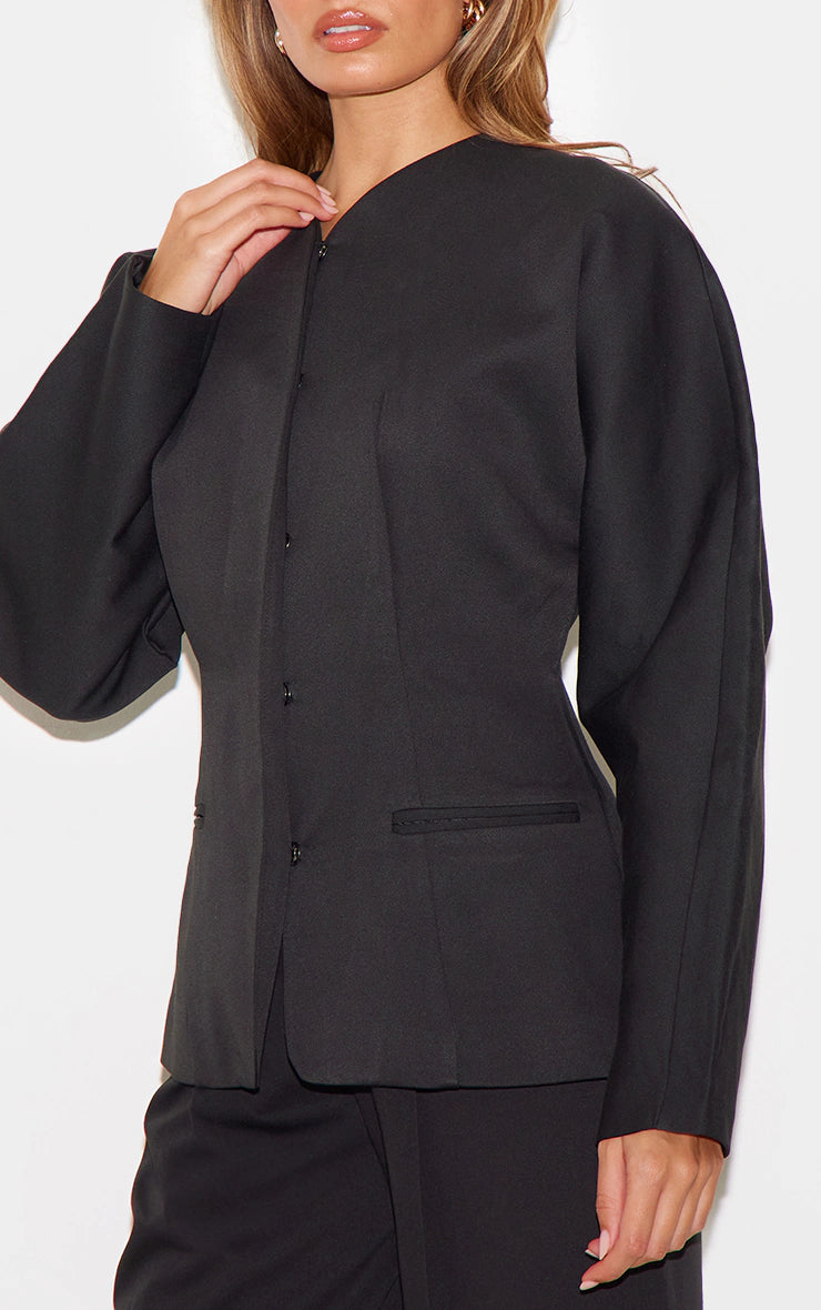 Black Premium Woven Tailored Collarless Detail Blazer