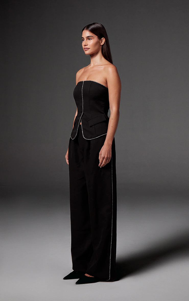 Black Woven Tailored Diamante Trim Bandeau Top