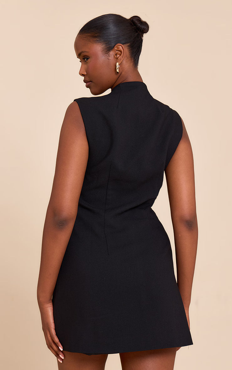 Black Woven Collarless Button Mini Dress