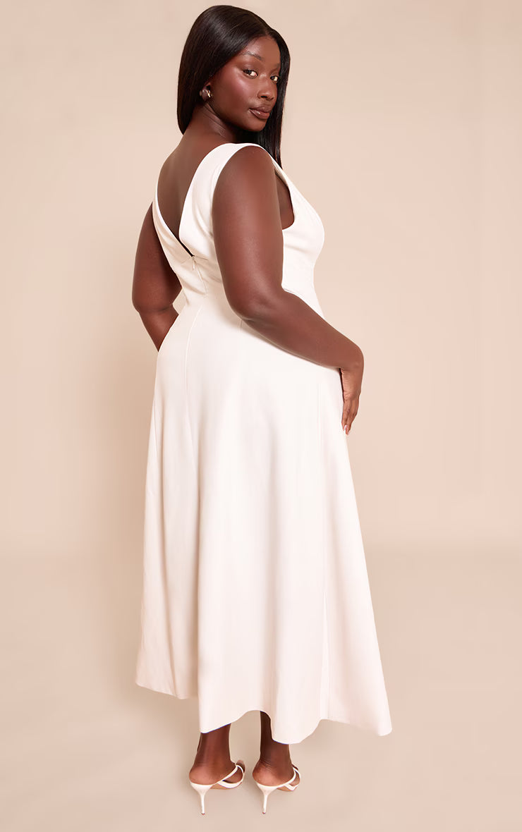 Plus Cream Tailored Woven Plunge Button Down Midi Dress