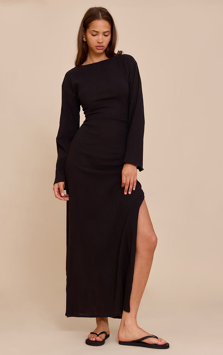 Black Textured Long Sleeve Maxi Dress