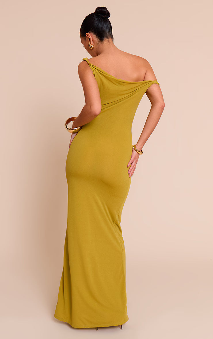 Olive Double Layered Chiffon Asymmetric Maxi Dress