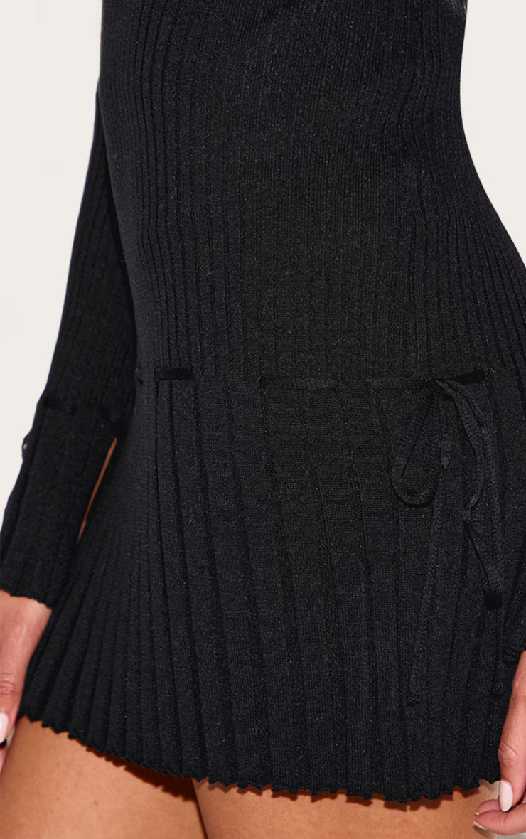 Black Rib Knit Pleated Tie Detail Long Sleeve Mini Dress