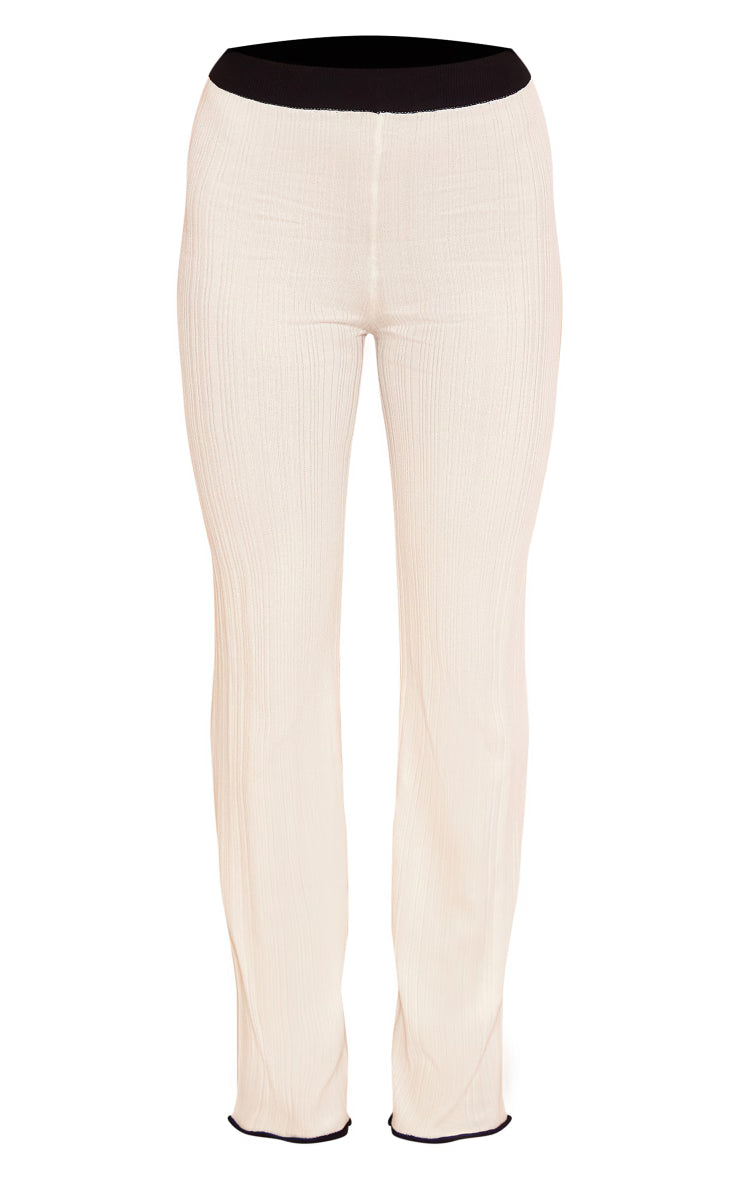 White Ribbed Knit Contrast Hem Pants