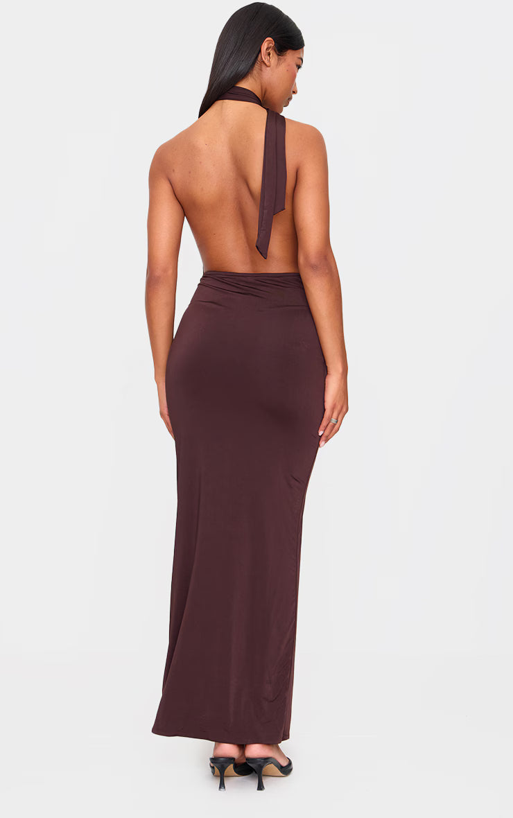 Chocolate Double Layer Slinky Wrap Neck Maxi Dress