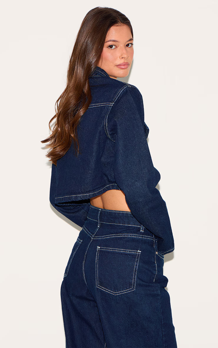 Indigo Contrast Stitch Seam Detail Cropped Denim Shirt