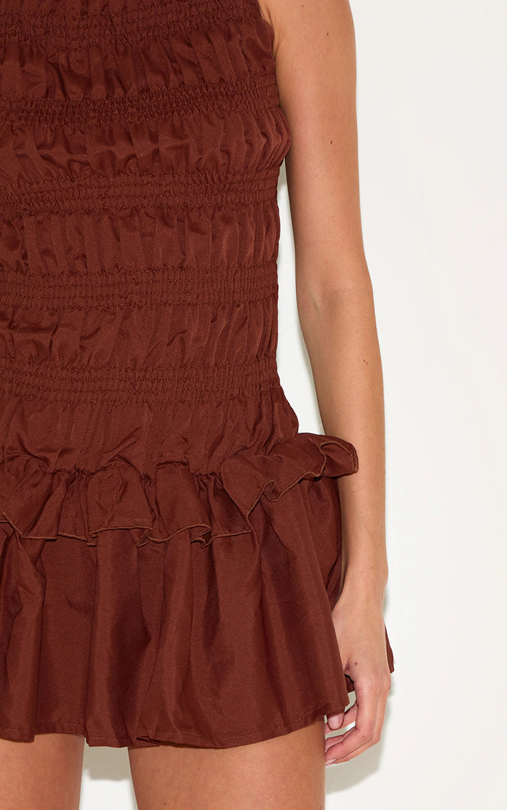 Chocolate Tailored Shirred Frill Shift Dress