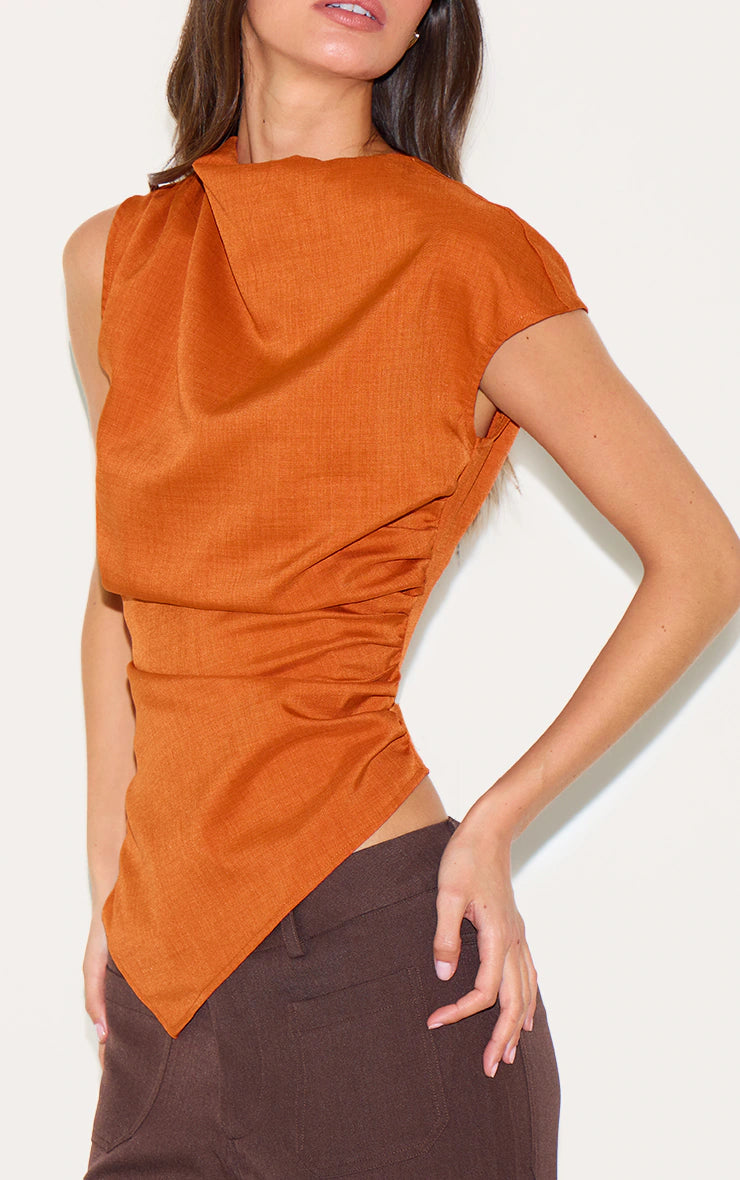 Rust Woven Ruched Asymmetric Long Top