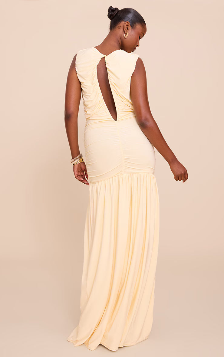 Lemon Boat Neck Ruched Detail Maxi Dress