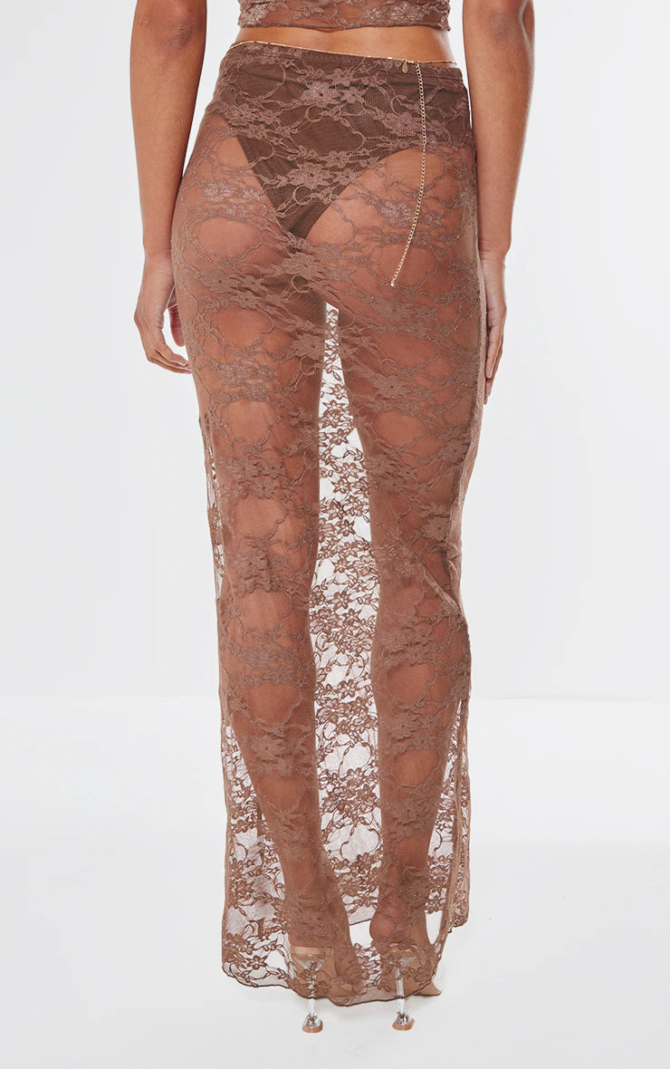 Brown Lace Sheer Maxi Skirt