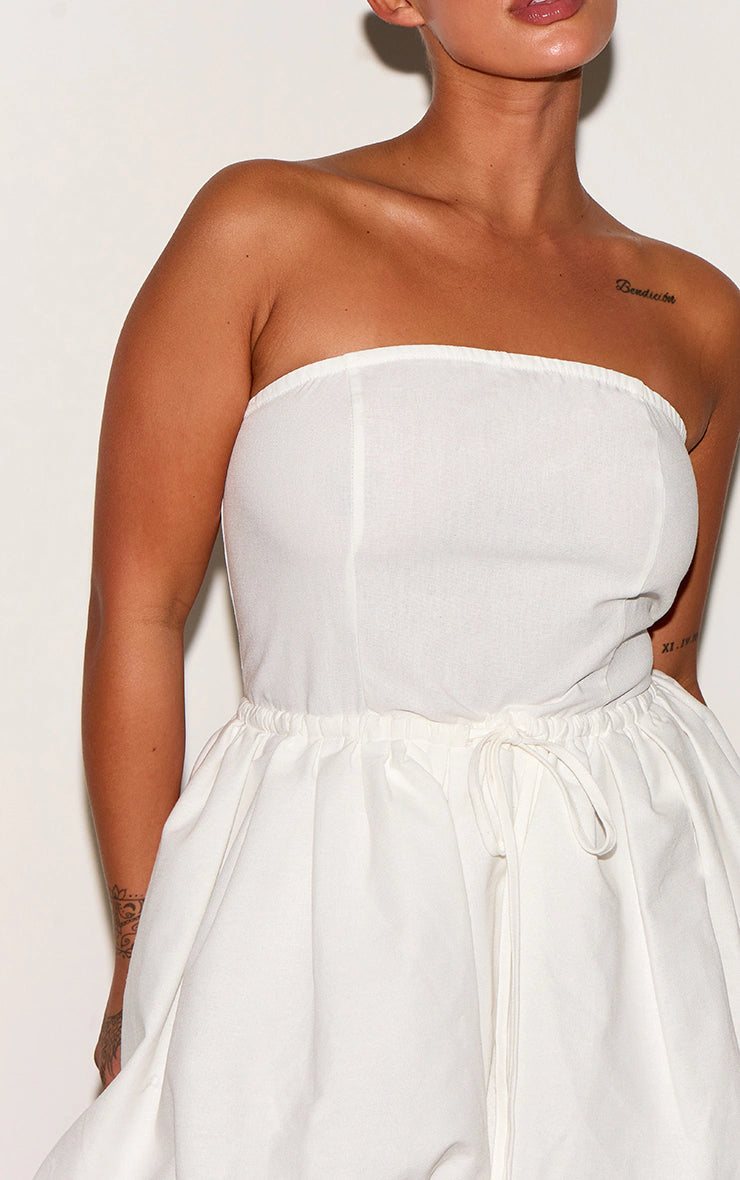 Plus White Textured Woven Bandeau Tie Waist Puffball Dress