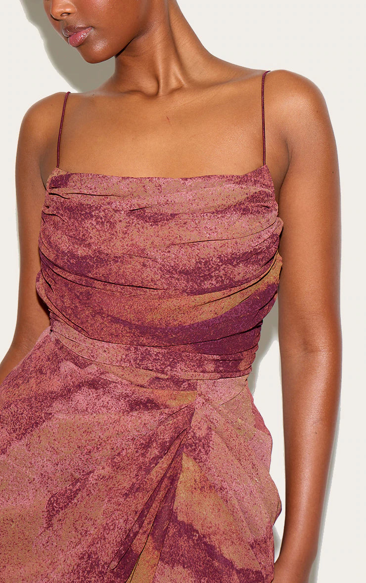 Dark Purple Abstract Print Chiffon Ruched Drape Midi Dress