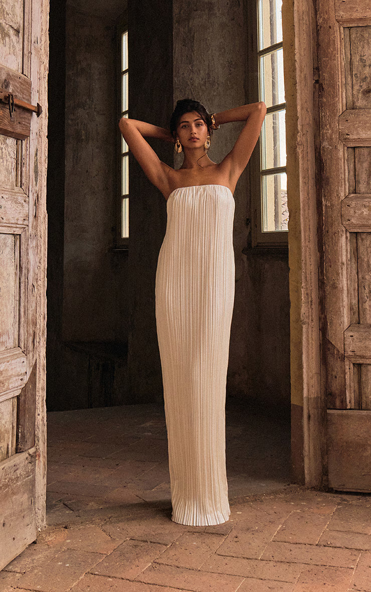 PLT Label Ivory Plisse Satin Column Bandeau Maxi Dress