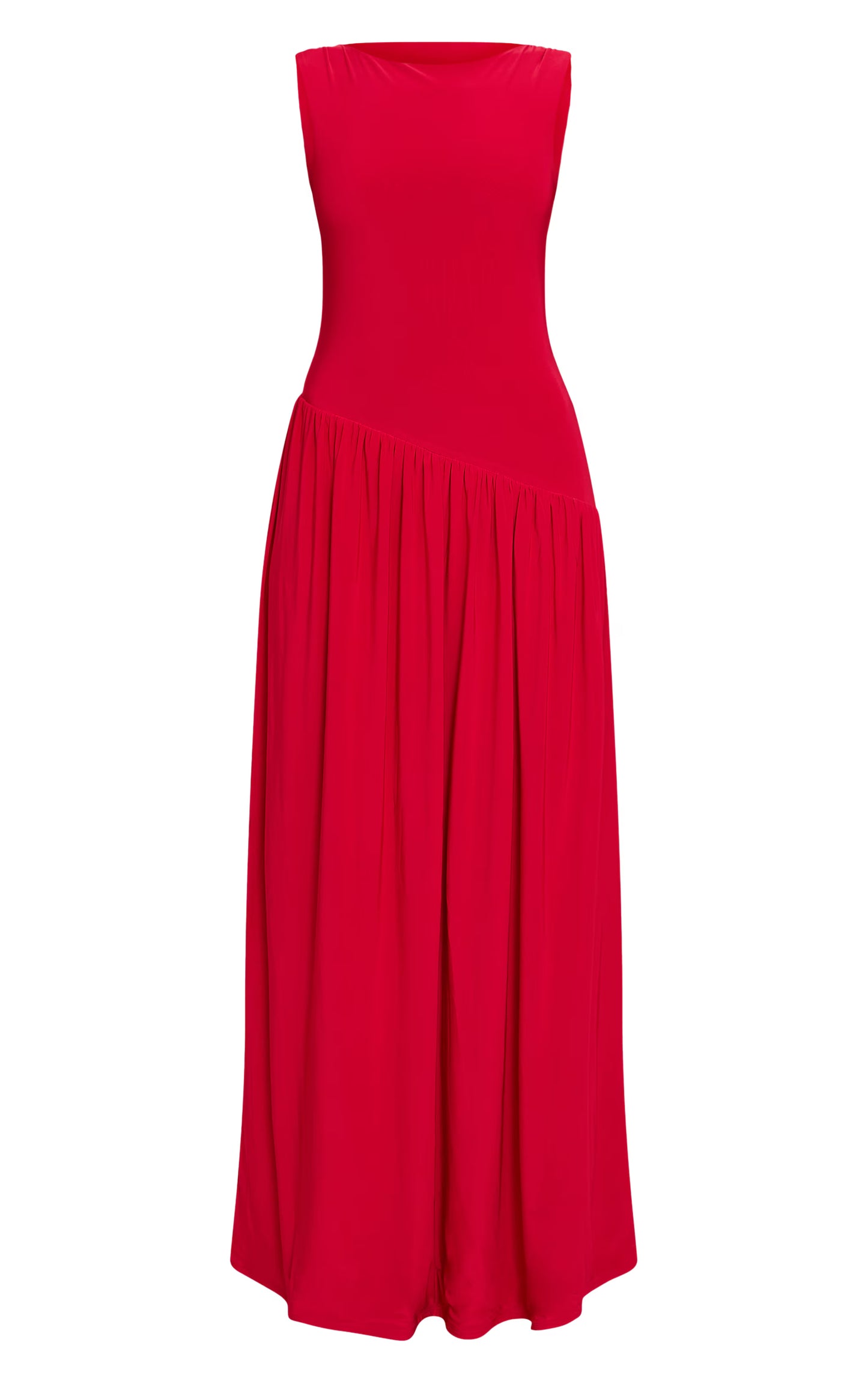 Red Double Layer Soft Touch Asymmetric Dropped Waist Maxi Dress