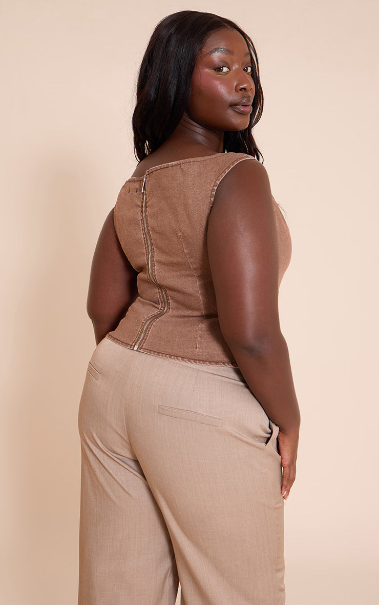 Plus Brown Off The Shoulder Stretch Denim Top