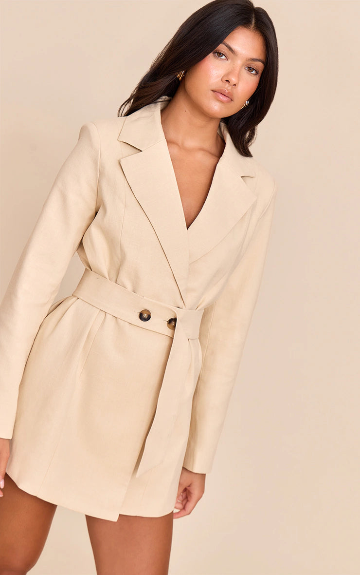 Natural Structured Belted Blazer Dress