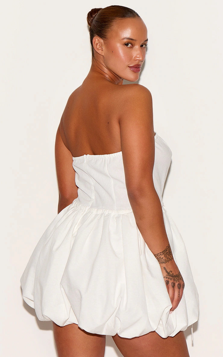 Plus White Textured Woven Bandeau Tie Waist Puffball Dress