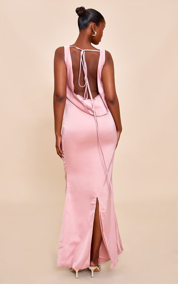 Blush Bridesmaid Satin Cowl Neck Maxi Dress