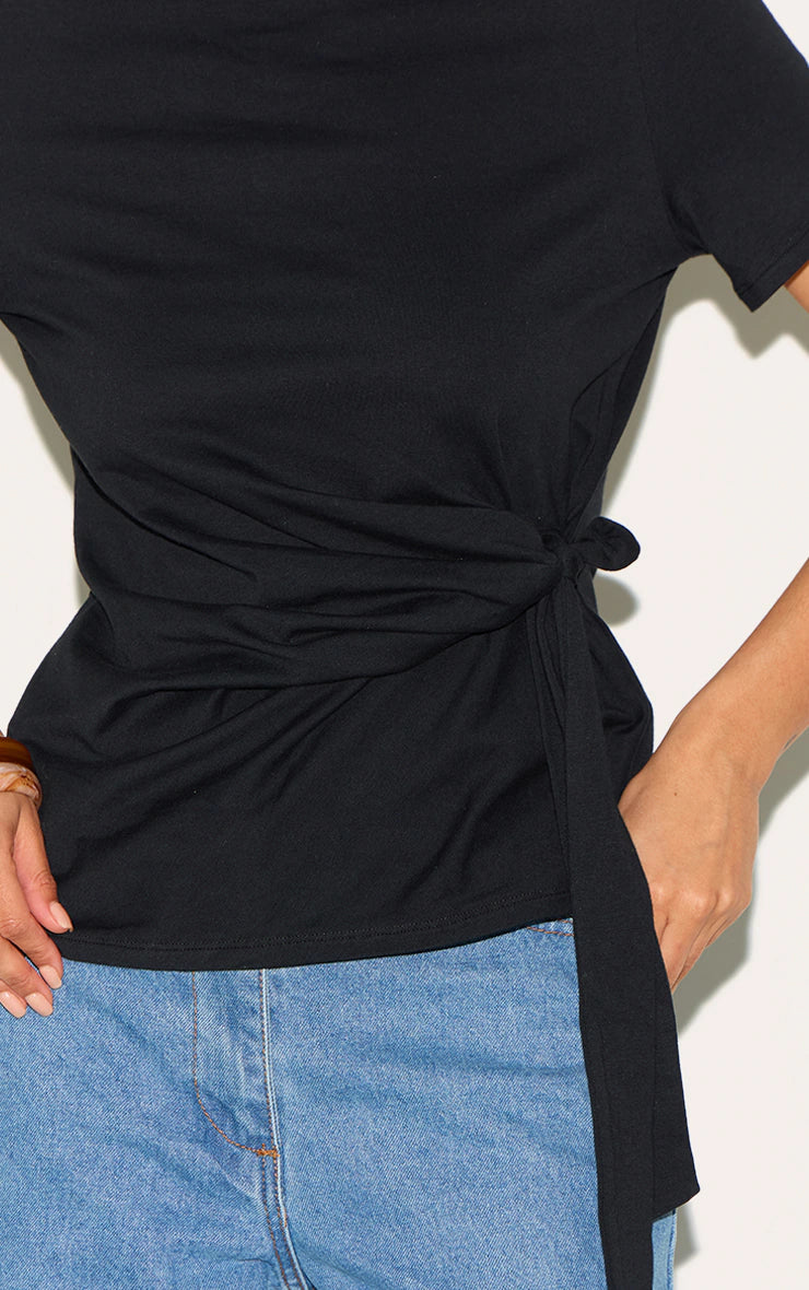 Black Cotton Tie Detail Oversized T Shirt