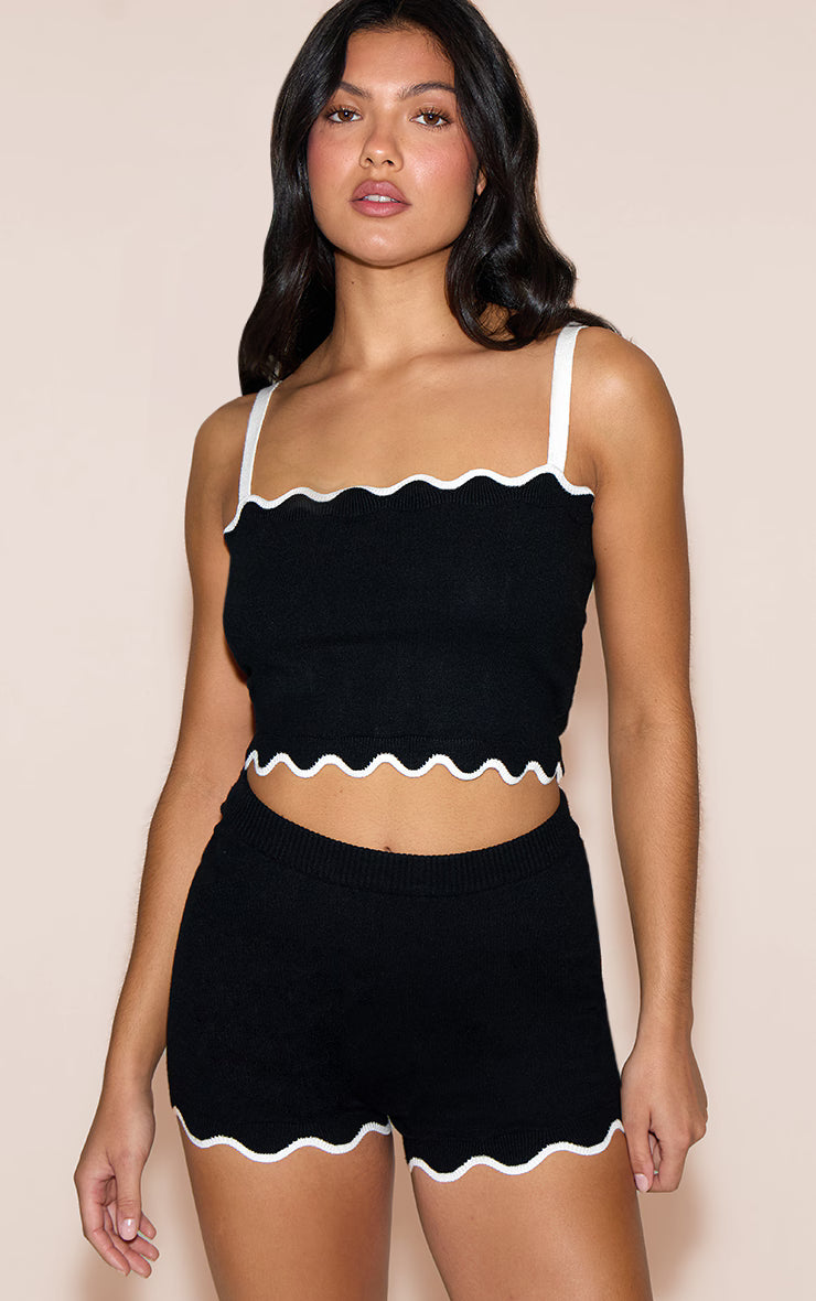 Black Contrast Soft Knit Scallop Hem Cami Top