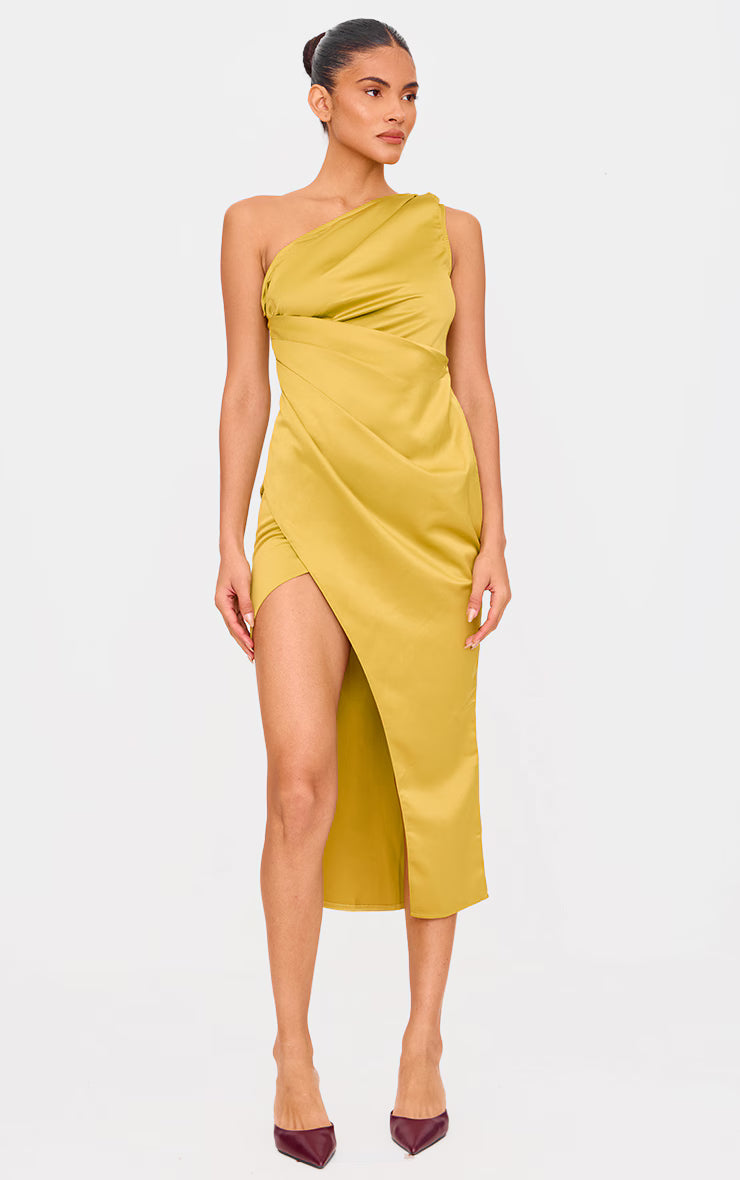 Olive Satin One Shoulder Pleat Detail Midi Dress