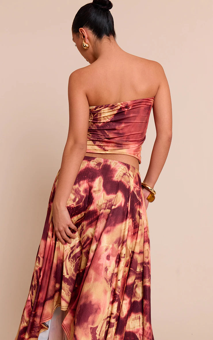 Deep Red Abstract Print Double Layer Slinky Bandeau Top