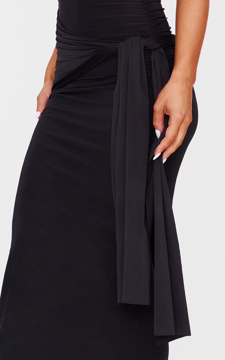 Black Slinky Off Shoulder Wrap Detail Maxi Dress