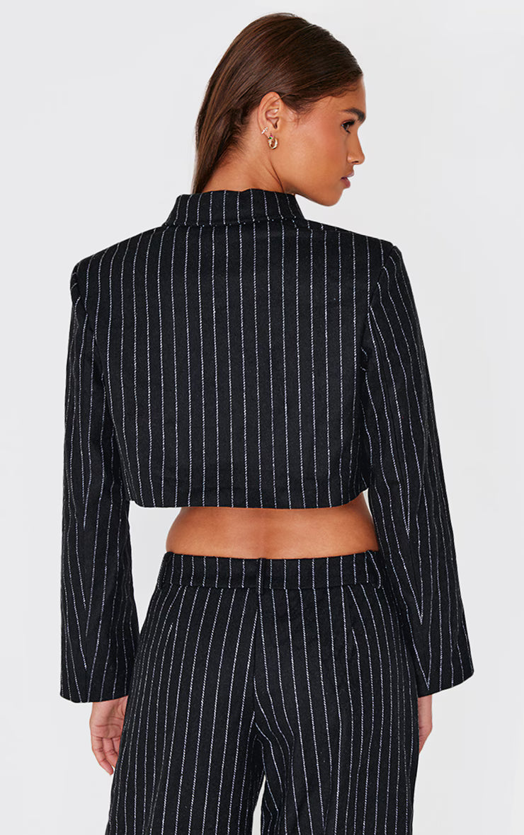 Black Premium Pinstripe Pocket Detail Cropped Shirt