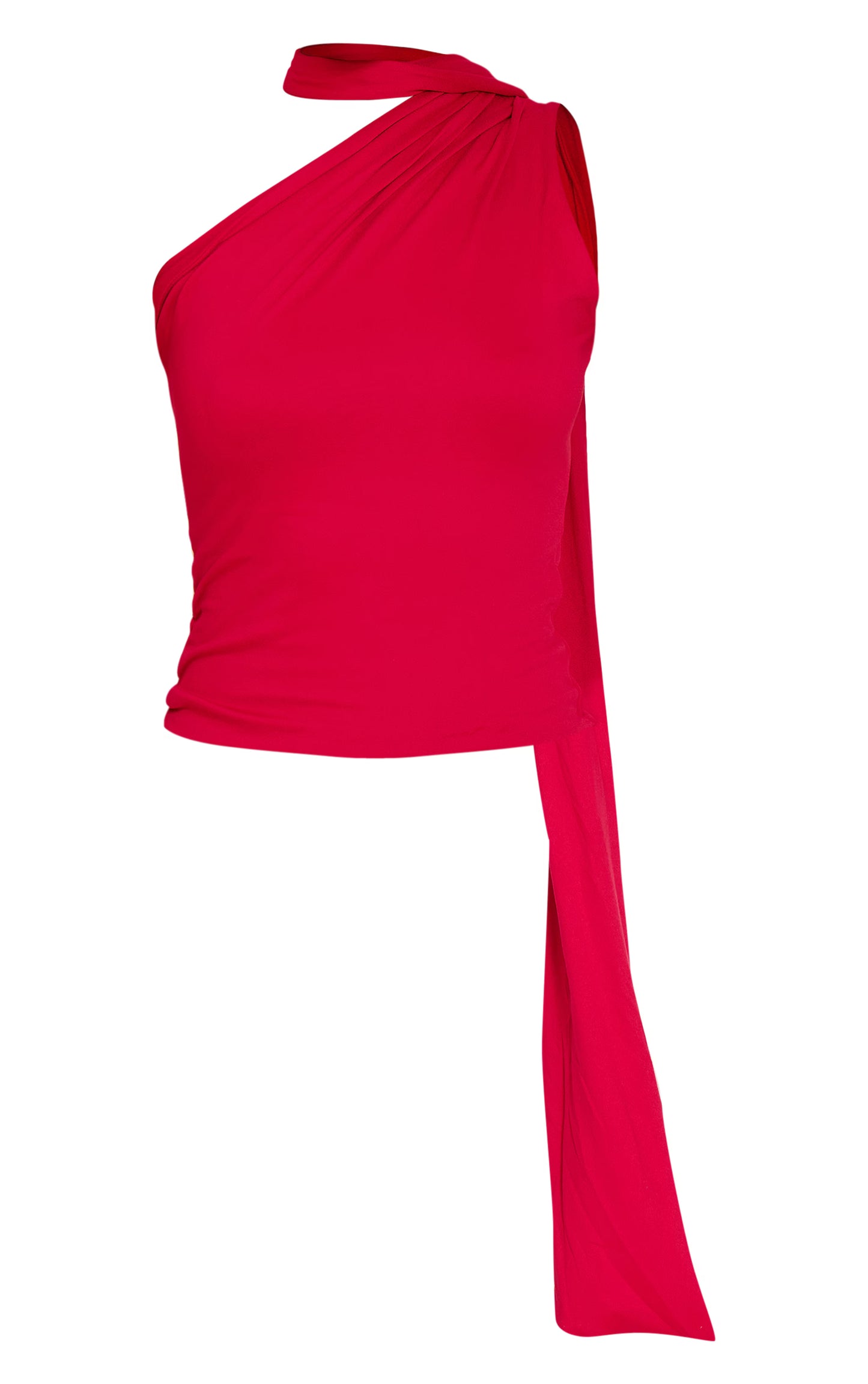 Tomato Red Double Layer Soft Touch Scarf Detail Long Top