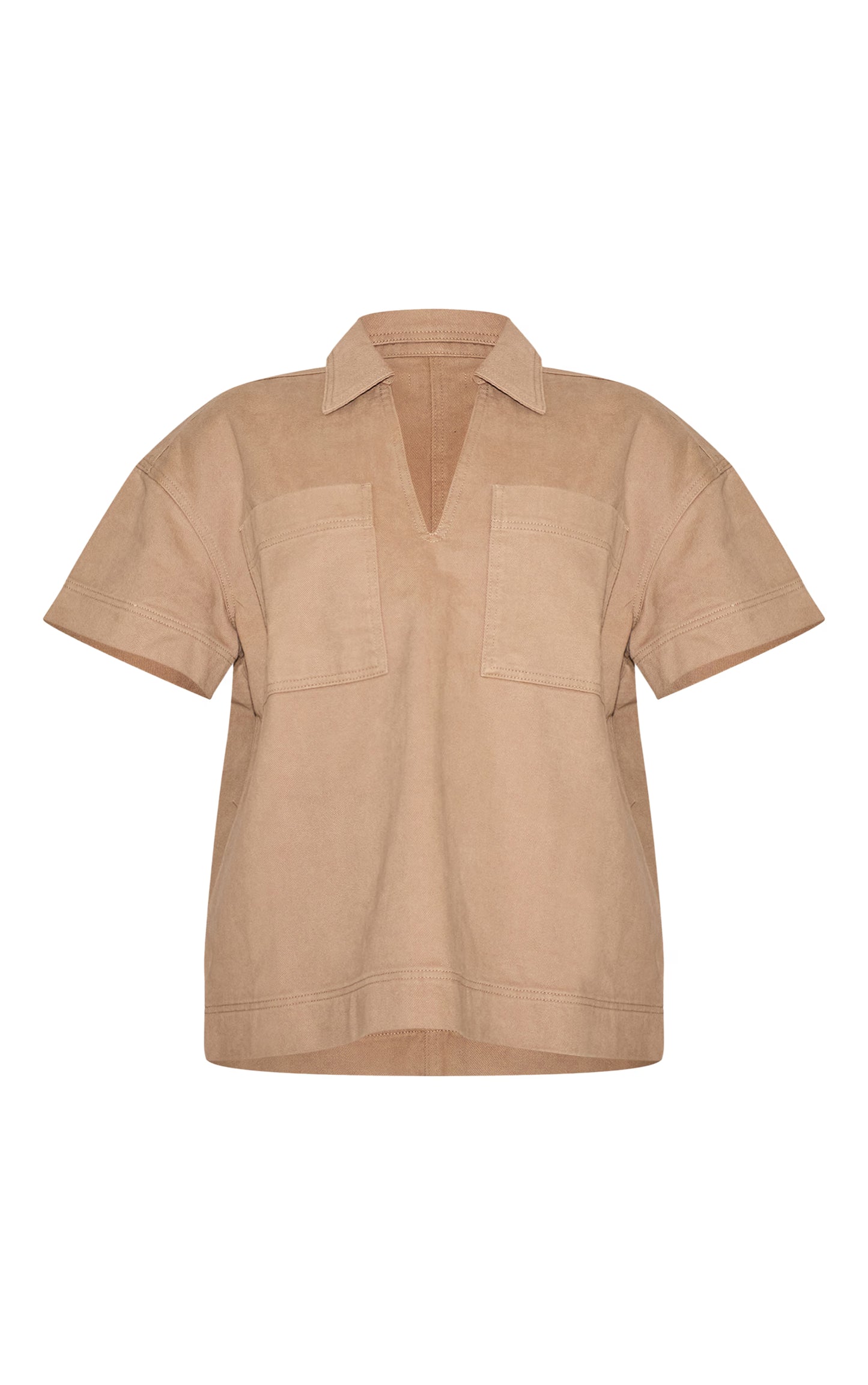 Stone Boxy Pocket Detail Short Sleeve Denim Rugby Shirt