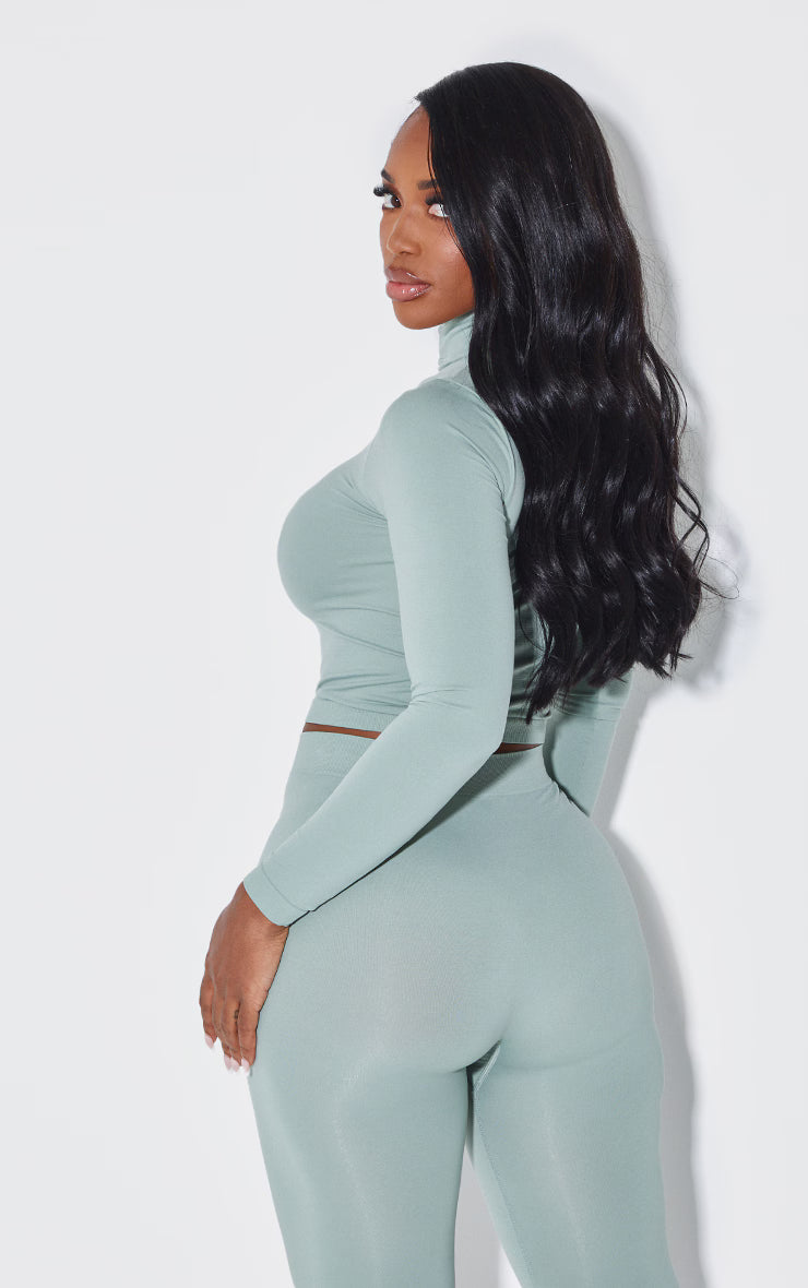 Shape Sage Green Stretch Seamless High Neck Long Sleeve Top