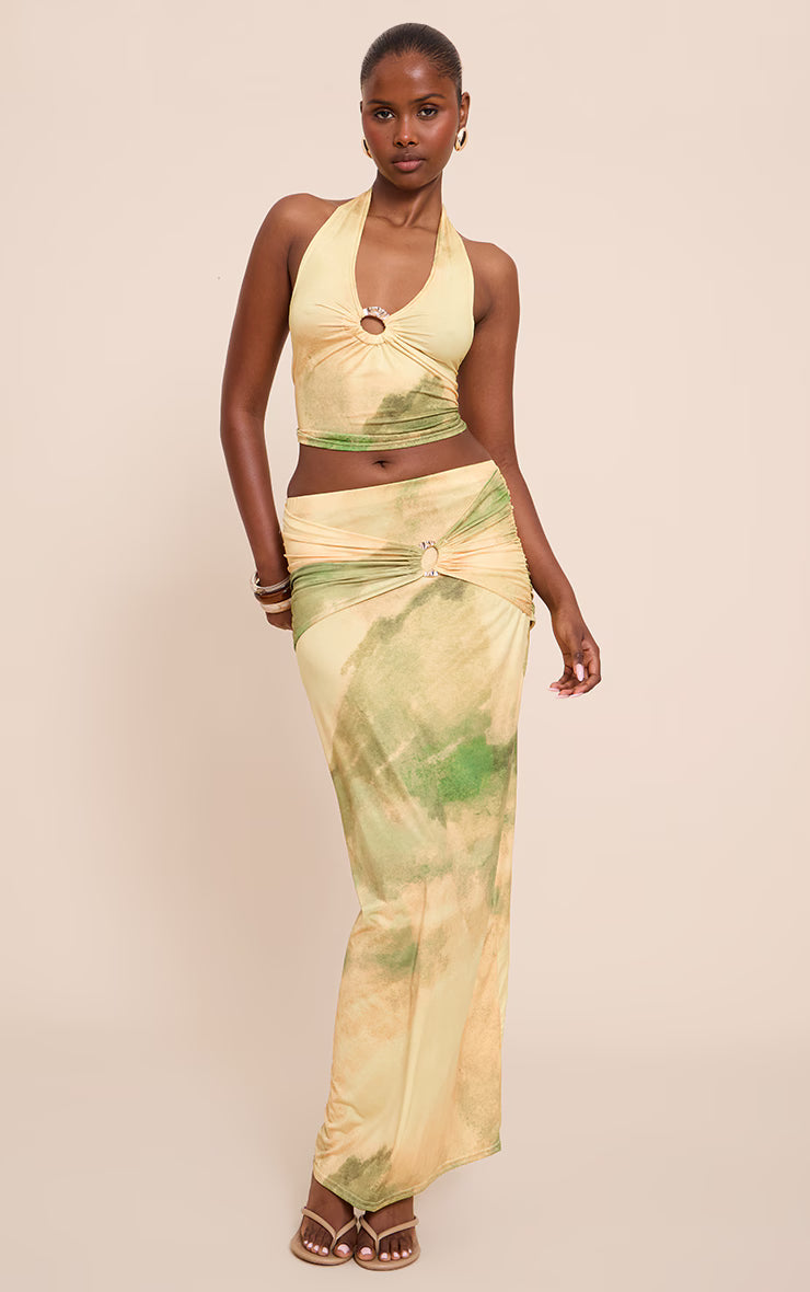 Green Abstract Print Ruched Detail Flowy Maxi Skirts