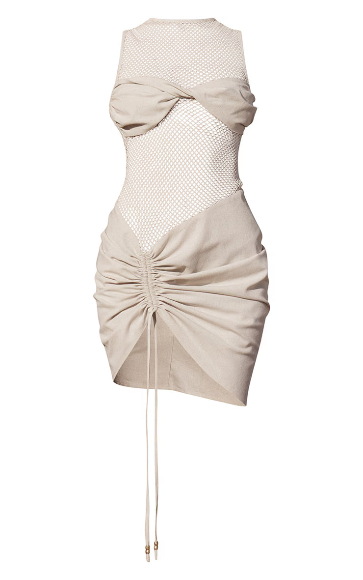 PLT Label Off White Sheer Panel Detail Ruched Bodycon Dress