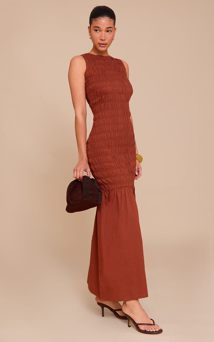 Chestnut Shirred Detail Drop Waist Maxi Dress