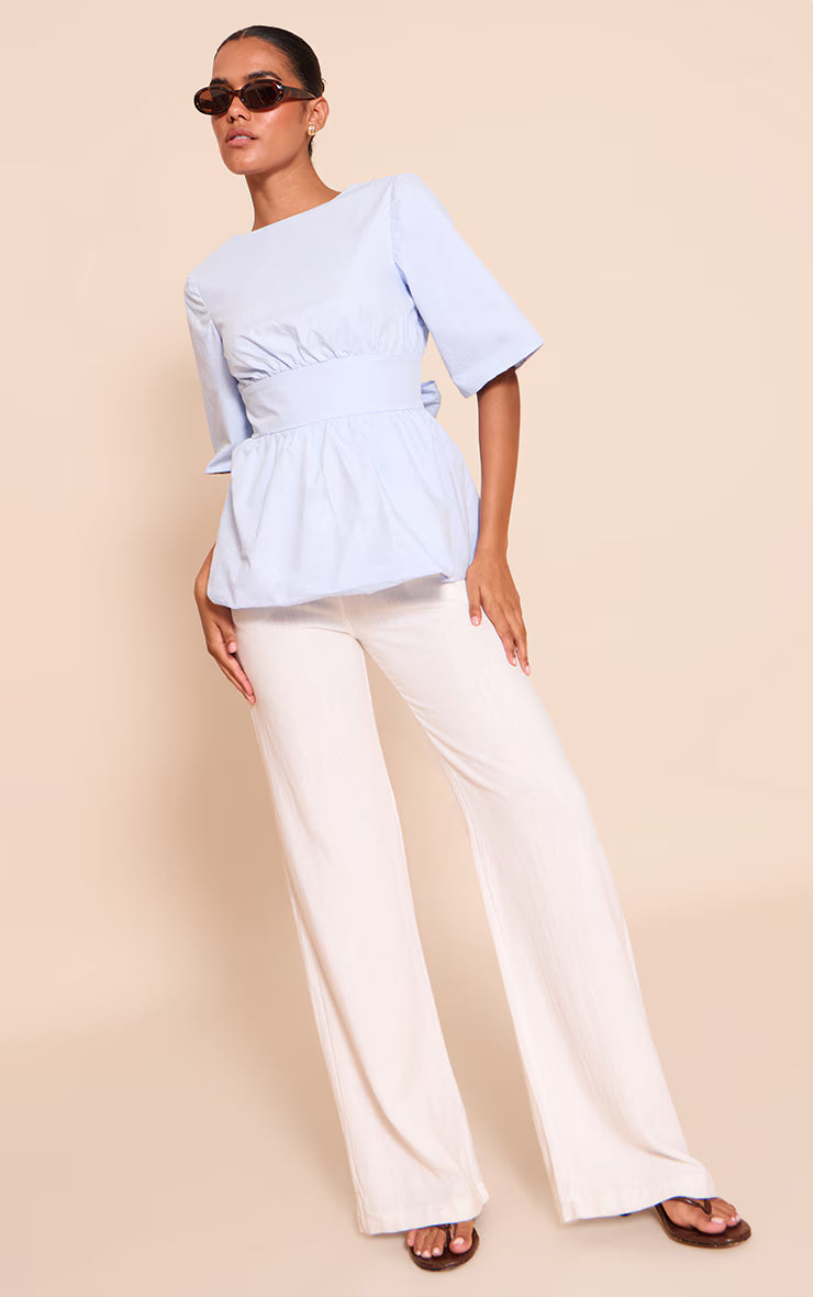 Sky Blue Cotton Short Sleeve Tie Back Blouse
