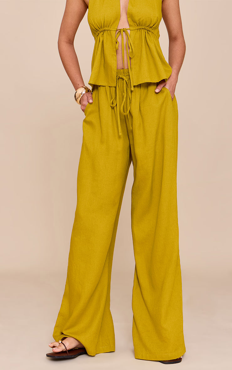 Deep Mustard Linen Look Drawstring Wide Leg Pants