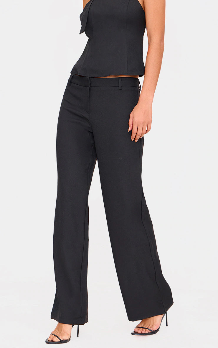 Black Woven Tailored Wide Leg Belt Detail Pants